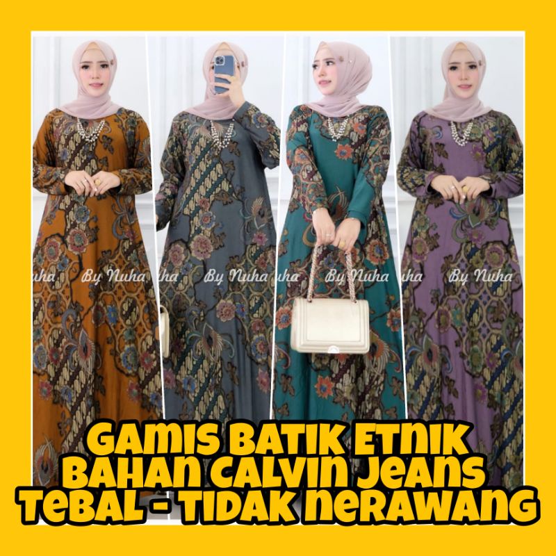 DRESS GAMIS CALVIN JEANS PREMIUM TERBARU BUSUI FRIENDLY MOTIF BATIK ETNIK KEKINIAN WARNA HITAM MODER