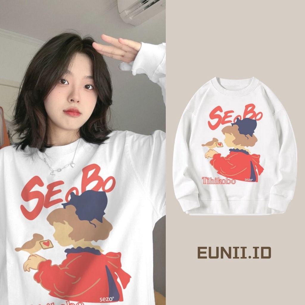 EUNII Sweater Lengan Panjang Painting Girl Korean Style/Hoodie Oversize/Baju Wanita/Switer Wanita