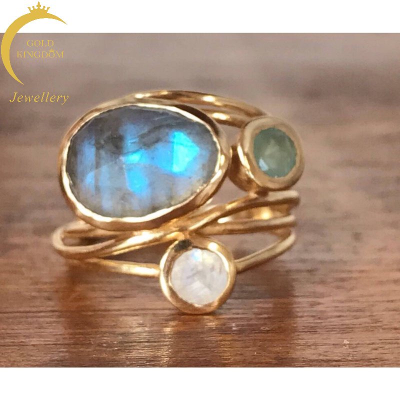 Goldkingdom Perhiasan Fashion 24K Bangkok Aksesoris Ready Stock Berlapis Emas Asli Kadar 375 Dengan Batu Bulan Warna-Warni, Kreatif Multi-layer Shell Cincin Untuk Wanita