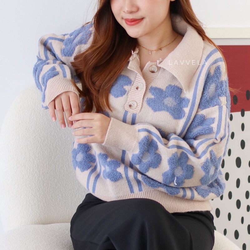 LAVVELA JASMINE KNIT SWEATER IMPORT KOREA POLO RAJUT BUNGA CASUAL ATASAN SWEATWEAR TEBAL