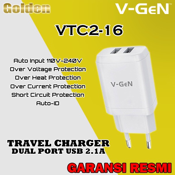 VGEN V-GeN VTC2-16 Travel Adapter Charge 2.1A 2 Port USB Resmi