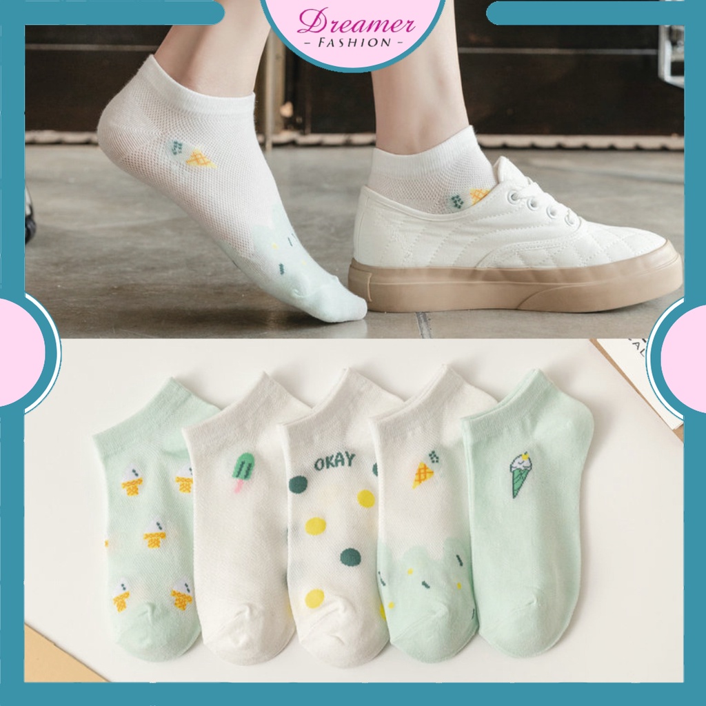DF KK207 Kaos Kaki Wanita Pendek Ice Cream Sarung Kaki Unisex Semata Kaki Warna Hijau Motif Es Krim Ankle Socks Korean