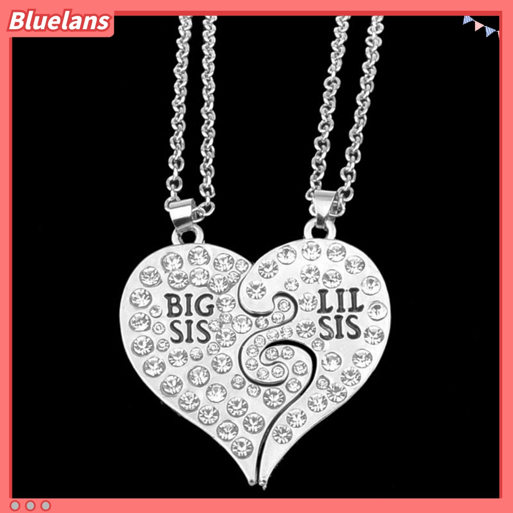 2pcs Kalung Bentuk Hati Motif Tulisan Big Little Sister Aksen Berlian Imitasi