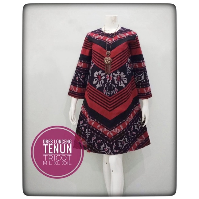 dress tunik wanita batik tenun bunga merah salur