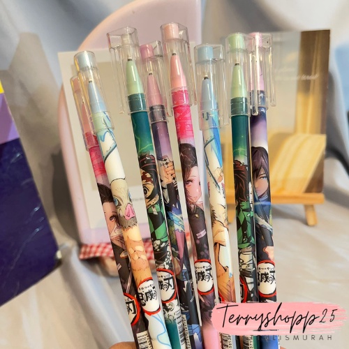 

12pcs / 1 Lusin Pulpen Gel Bisa Di Hapus Karakter Kartun Demon Slayer Tinta Hitam COD