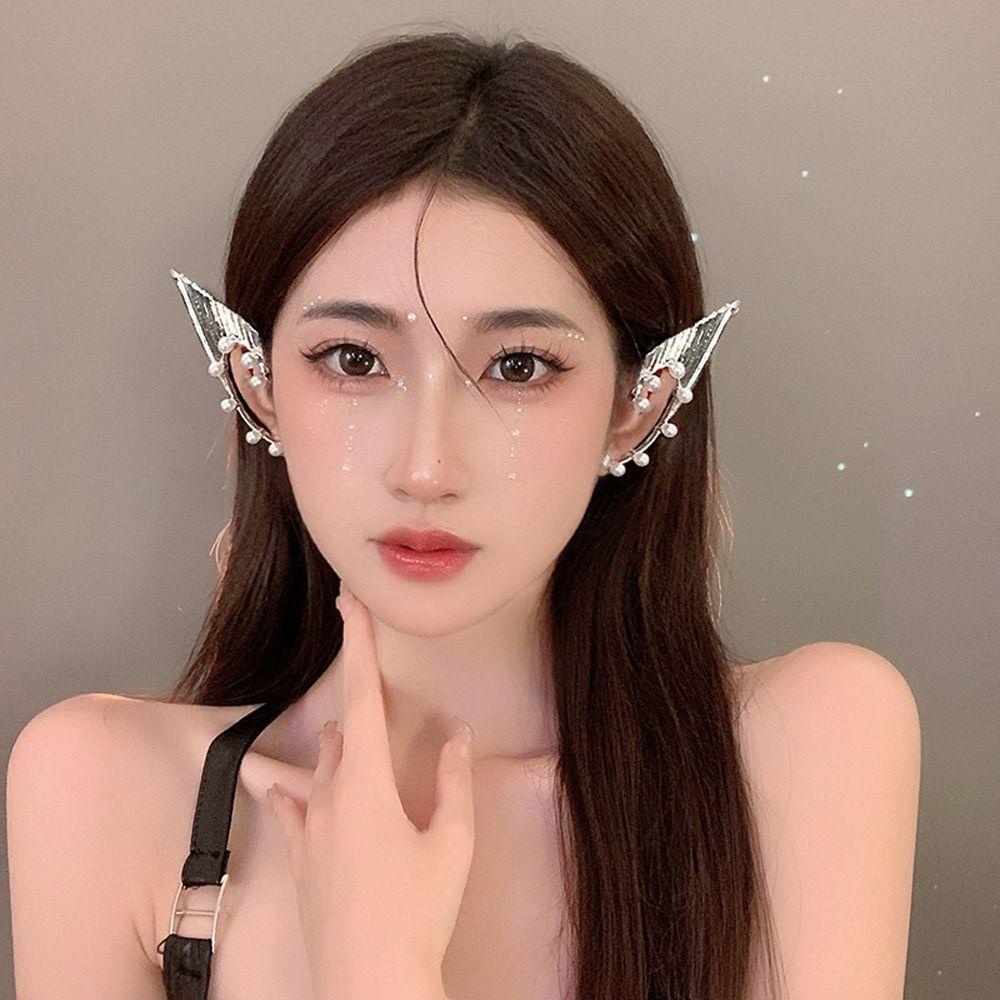 Mxbeauty Wanita Klip Anting Lucu Untuk Gadis Halloween Cosplay Aksesoris Mutiara Metal Properti Fotografi Korea Klip Telinga