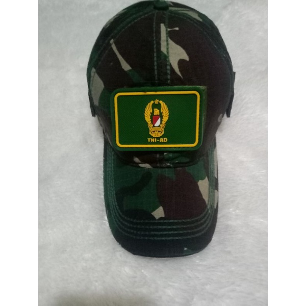 topi bdu loreng malvinas+karet velcro TNI ad+ bndera kcil merah putih