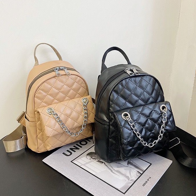 [littlecrab] Tas Ransel Mini Backpack Kecil With Additional Chain Tas Mini Selempang Unik Berkualitas Bahan Kulit Imut Tali Adjustable Serbaguna Multifungsi Korean Style