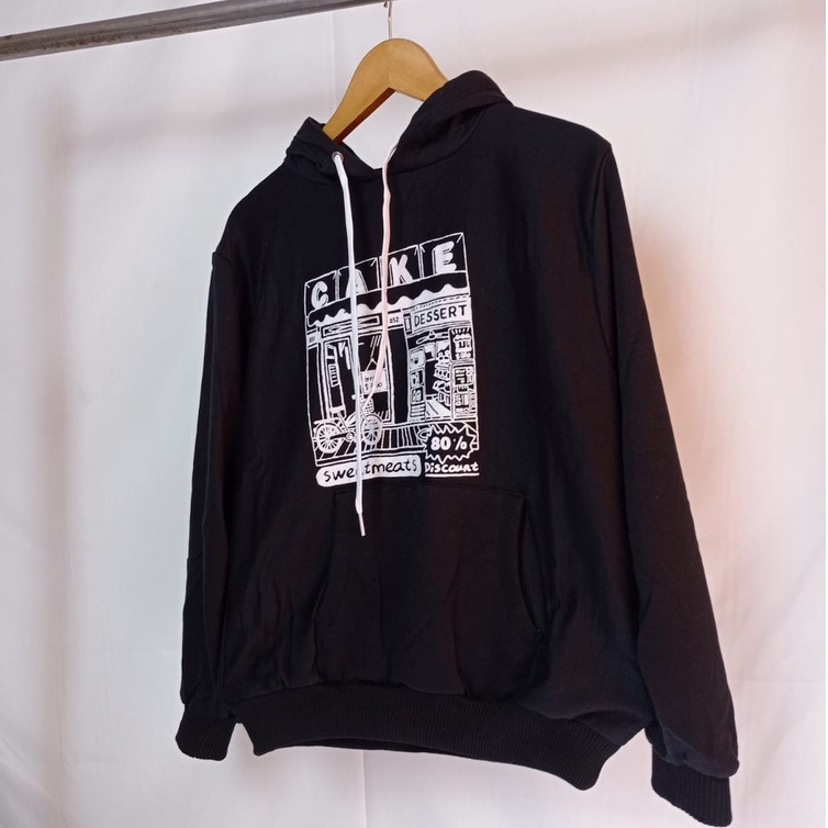 Sweater Hoodie Pria Cake Hitam Bahan Fleece Tebal