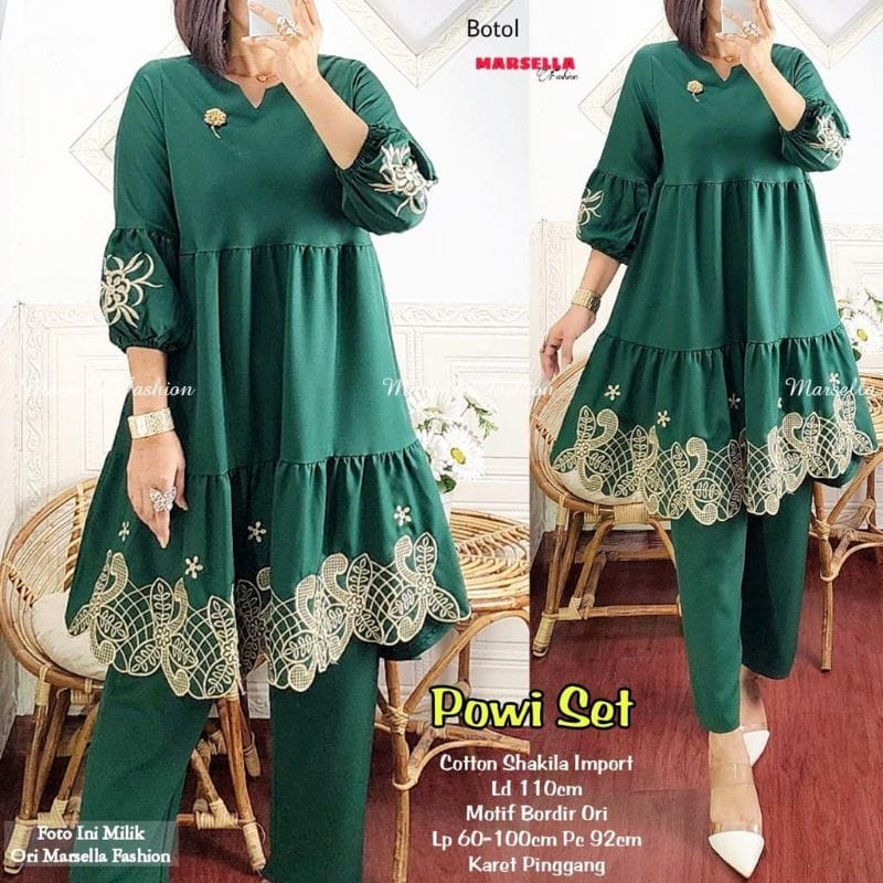 Baju Wanita Setelan Terbaru Powi One Set Tunik Jumbo Celana Panjang Setelan Wanita Kekinian Aksen Bordir Ootd Korean Style