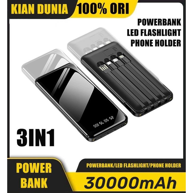 Power Bank 30000mAh Kapasitas Besar Powerbank 4 Cables Fast Charging Portable LED Display 4 Output 2 Input