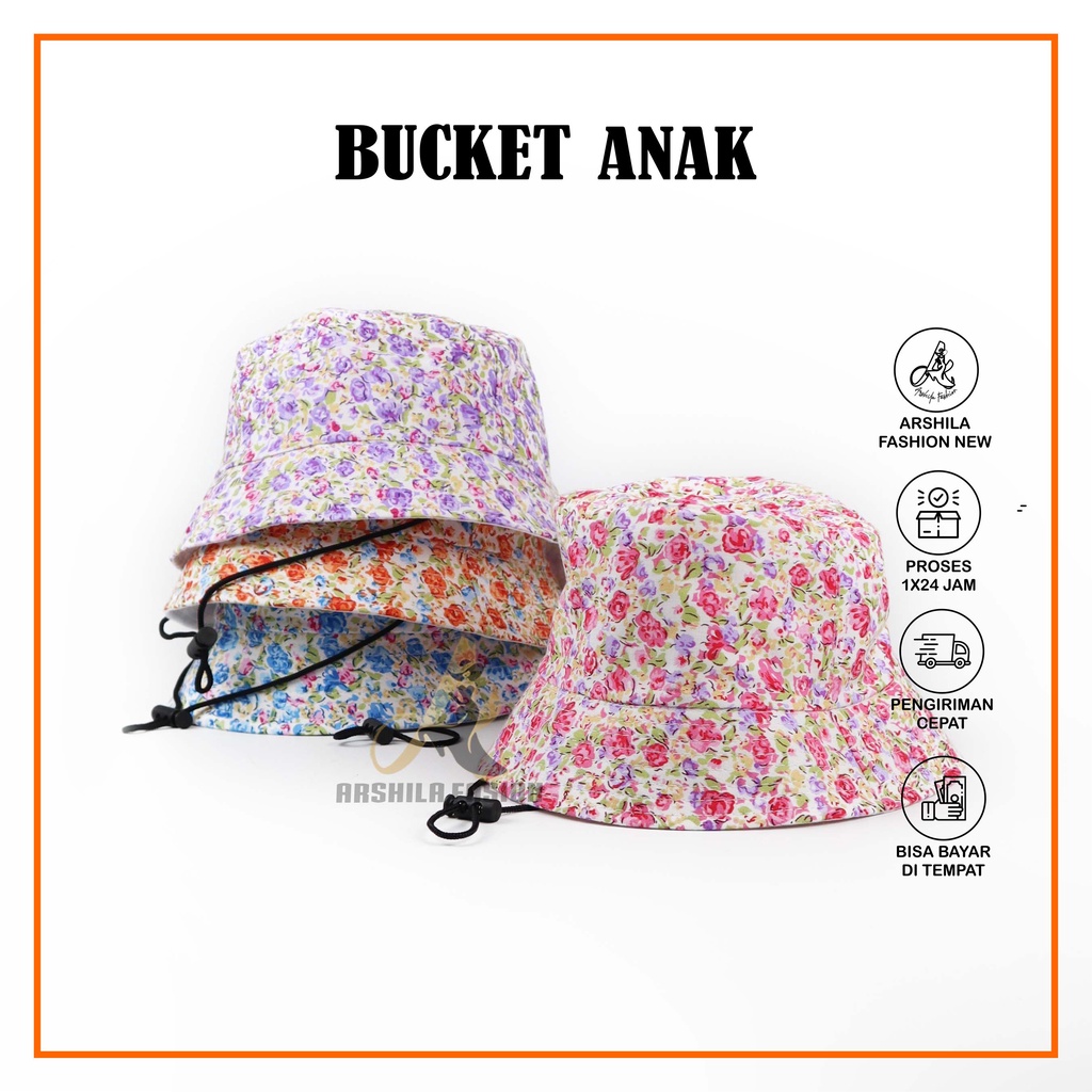 Topi Bucket Anak Tali Rayon Bunga Banyak