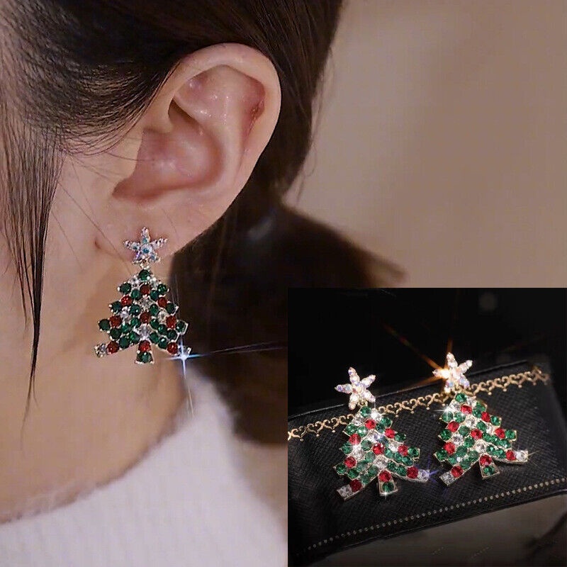 1 Pasang Anting Tusuk Gantung Desain Bintangpohon Natal Hias Berlian Gaya retro Berkilau Untuk Wanita