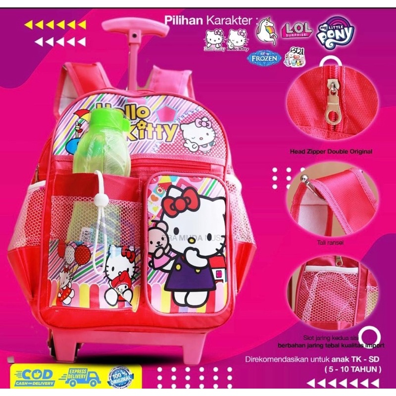 tas ransel hellokitty troli anak tk dan sd anti air gratis botol