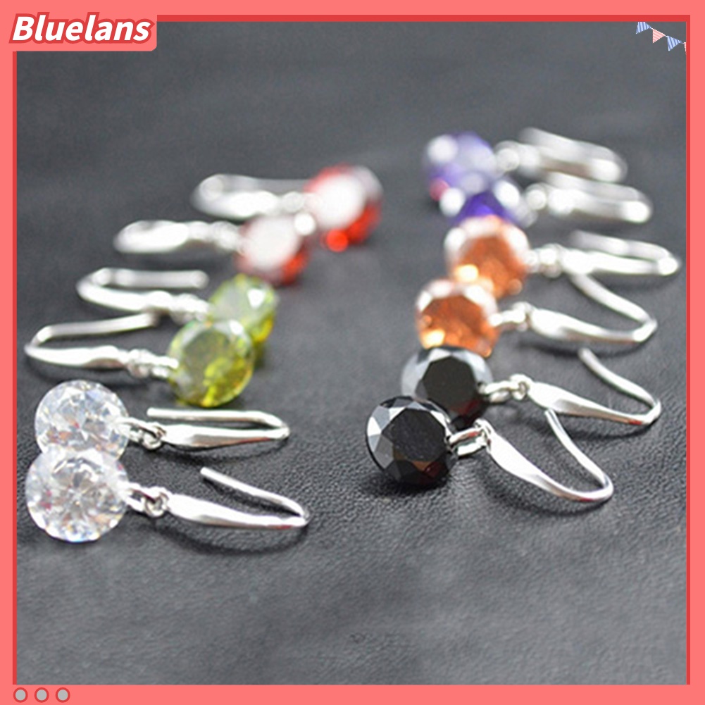 Anting Hook Silver Plated Bentuk Bulat Aksen Berlian Imitasi Untuk Wanita