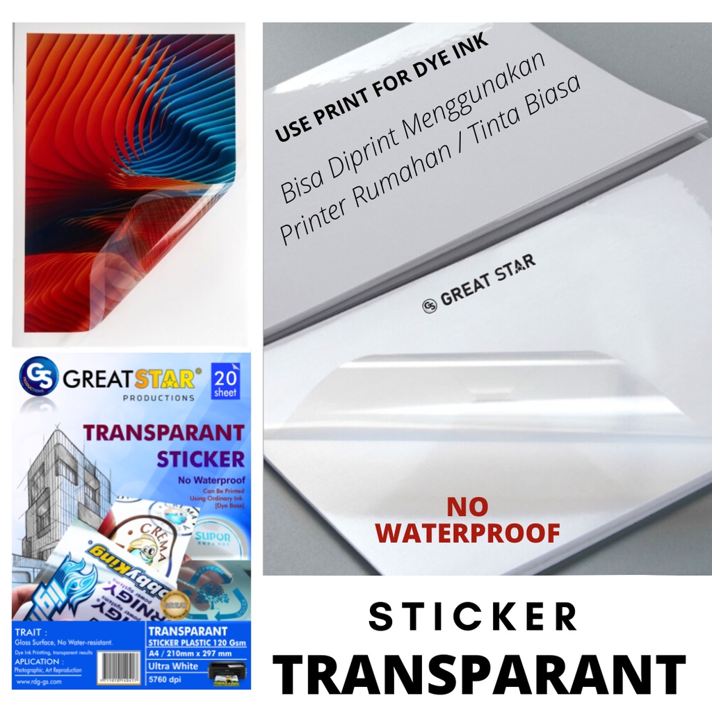 

STICKER TRANSPARANT GREAT STAR A4 NO WATERPROOF (support dye ink Printer inkjet)