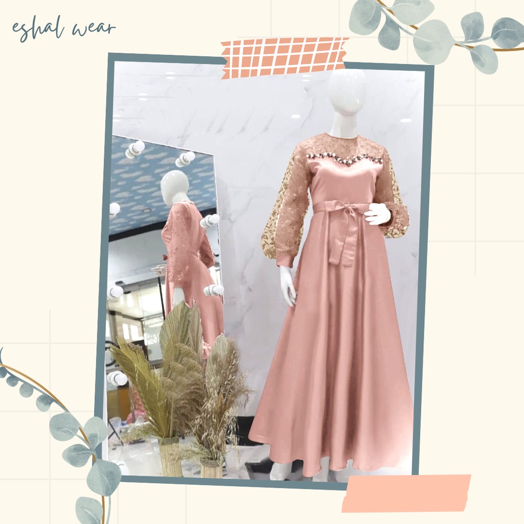 Eshal Wear Gamsi Seragam pesta Long Dress Dila Gamis Pesta Brukat Duyung Tile Mutiara Gamis Muslimah