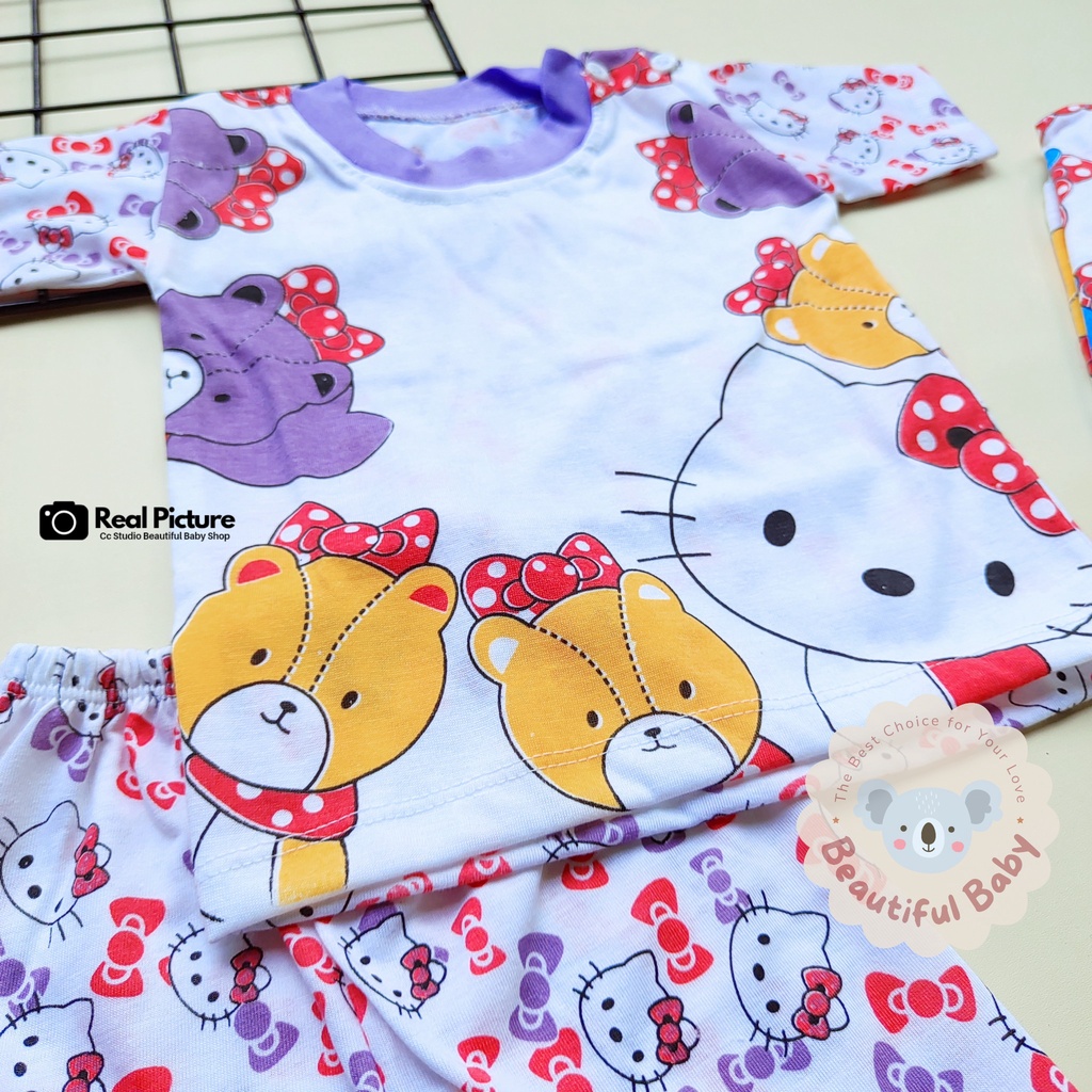 Setelan Baju Bayi Perempuan 3-12 bulan Motif Hello Kitty / Setelan Pendek Bayi / Celana Pendek Bayi / Kaos Oblong Bayi Perempuan / Baby.ou