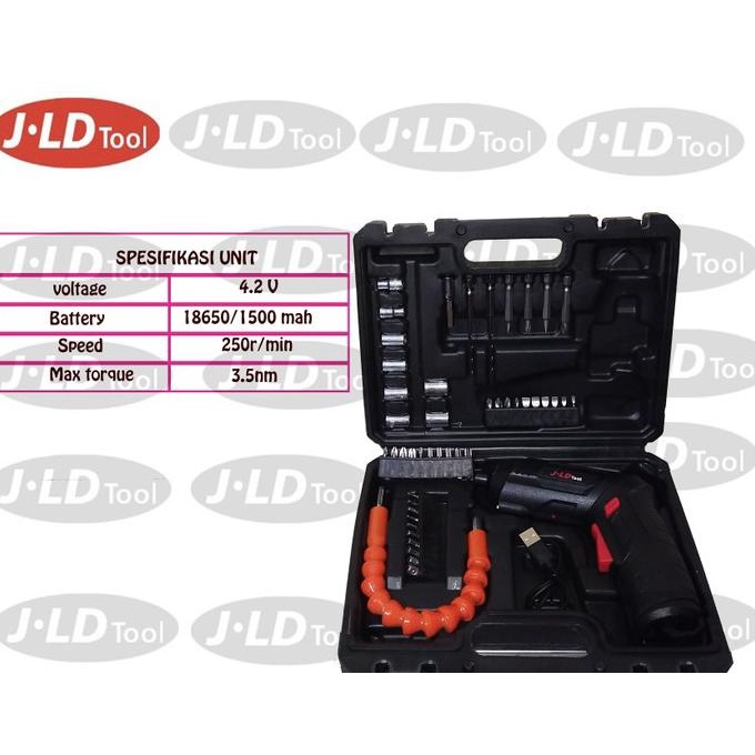 Jld Cordless 4.2 Volt Screwdriver Full Toolkit Bor Obeng Baterai