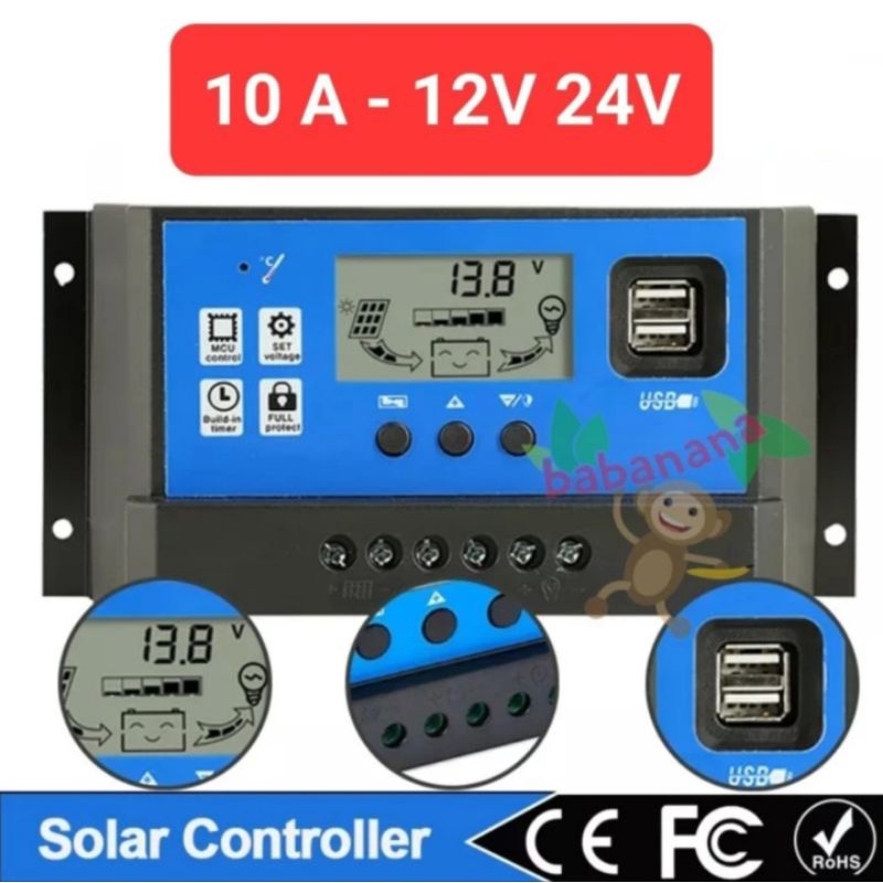 Solar Panel Charger 10A 12V 24V controller panel surya display usb