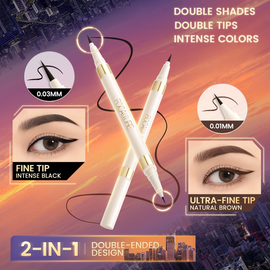 FOCALLURE AmberGold 2 IN 1 Eyeliner Anti Air Dan Tahan Lama Eyebrow Pencil Waterproof Liquid Eyeliner 2 Color Bla FA309