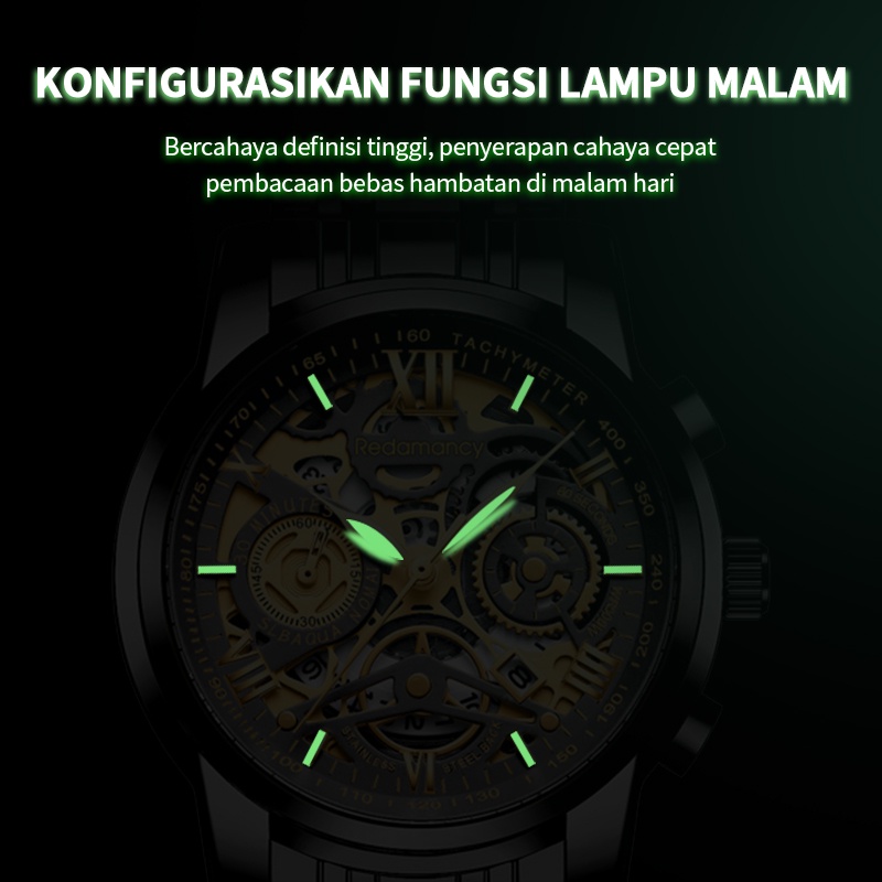 Redamancy Original Jam Tangan Pria Anti Air Luxury bisnis bercahaya Stainless Steel Watch emas murni