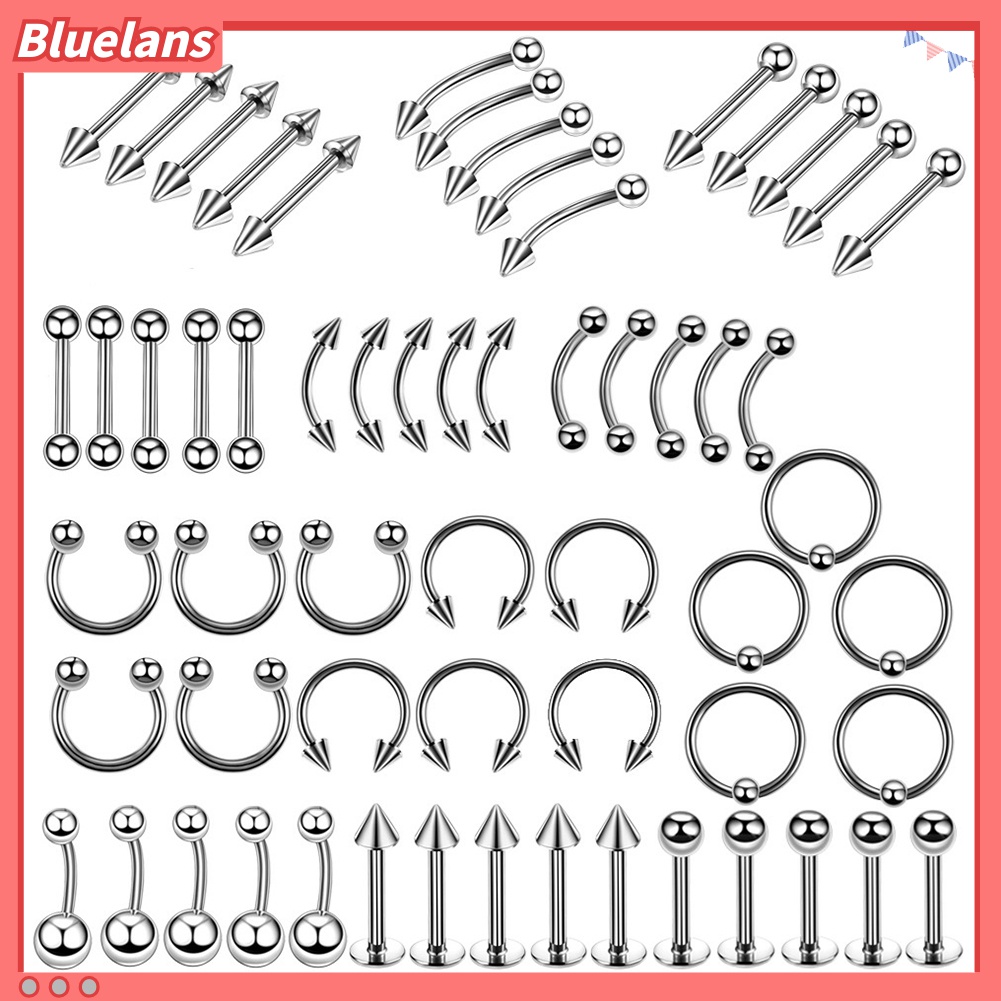 60pcs / Set Cincin Tindik Bibir Alis Kuku Hidung Bahan Stainless Steel Untuk Unisex