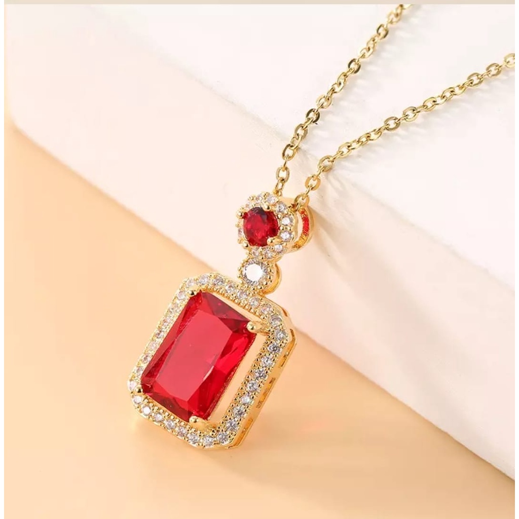 Kalung Wanita Titanium Lapis Emas Plus Liontin Permata Hijau  merah biru Anti Karat