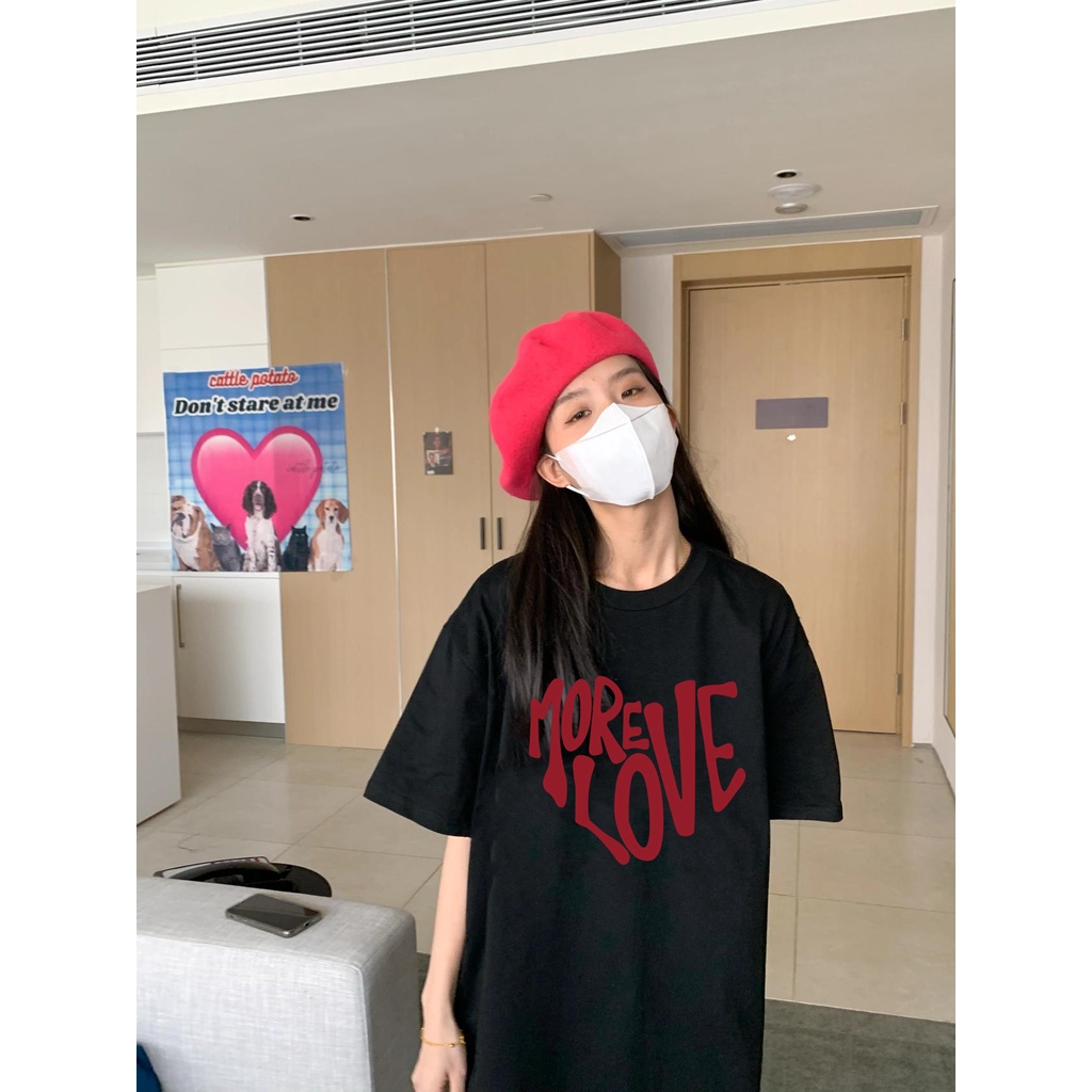 EUNII T-shirt Lengan Pendek Red Heart Korean Style/Kaos Atasan Wanita/Baju Kaus Oversize Wanita