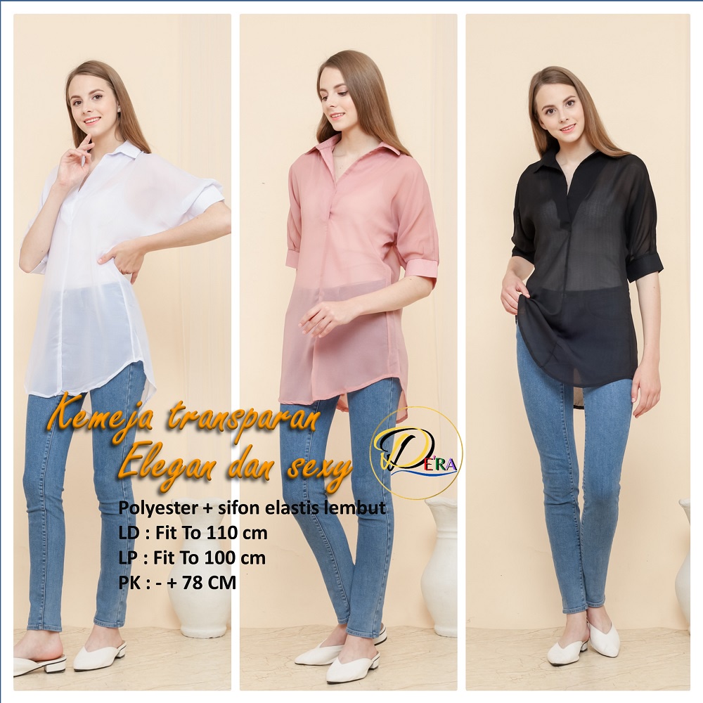 Kemeja Transparan Wanita Korean Style Sexy Over Size Bahan Polyester Sifon Lembut Premium Blouse Baj