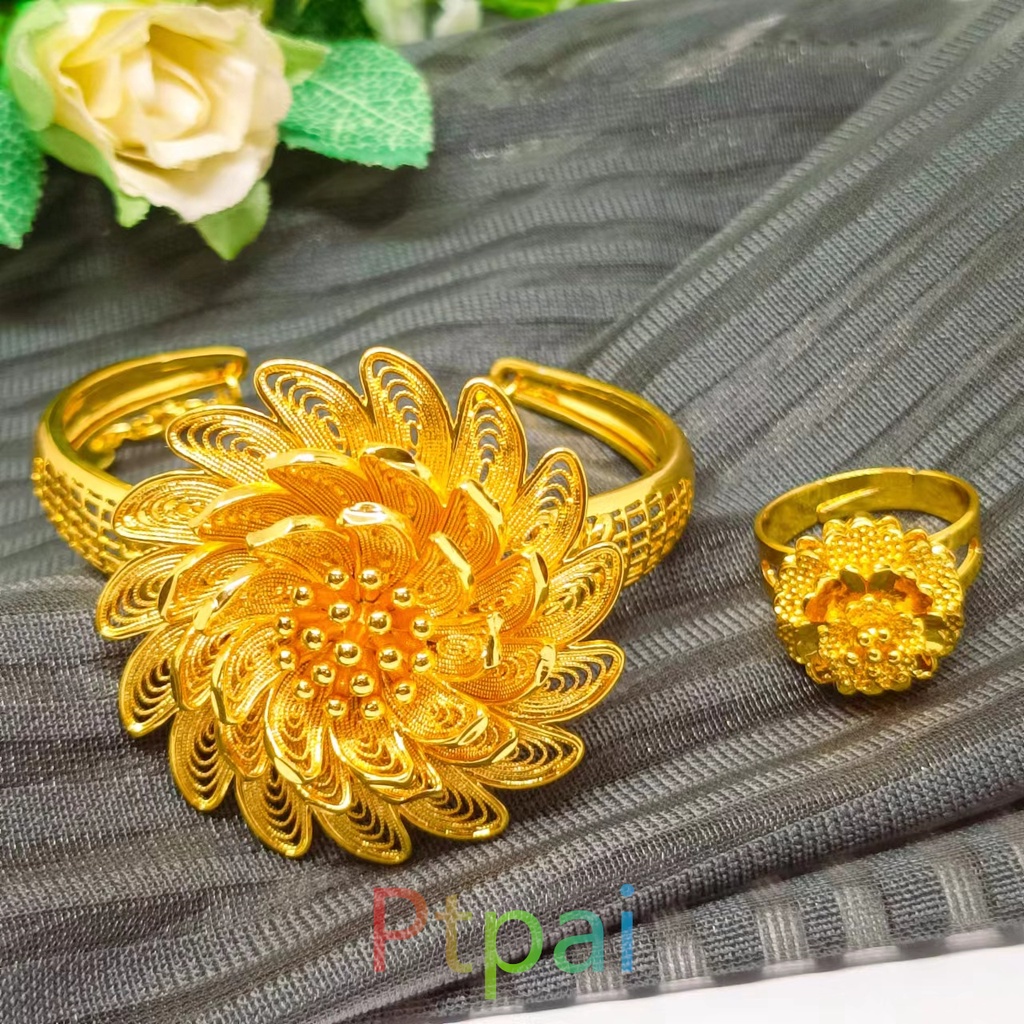 Set Gelang Kendari Matahari free cincin terbaru lapis emas 24k gold fashion Dubai Perhiasan xuping bunga bangle