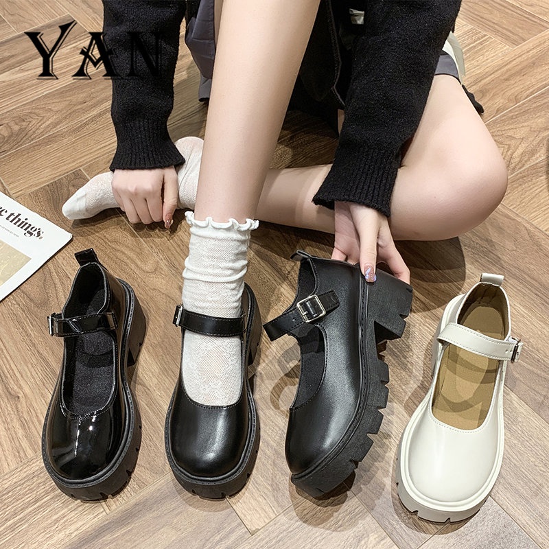 YAN Sepatu Mary Jane Wanita Kulit 5cm Chunky Block Heels Platform Shoes