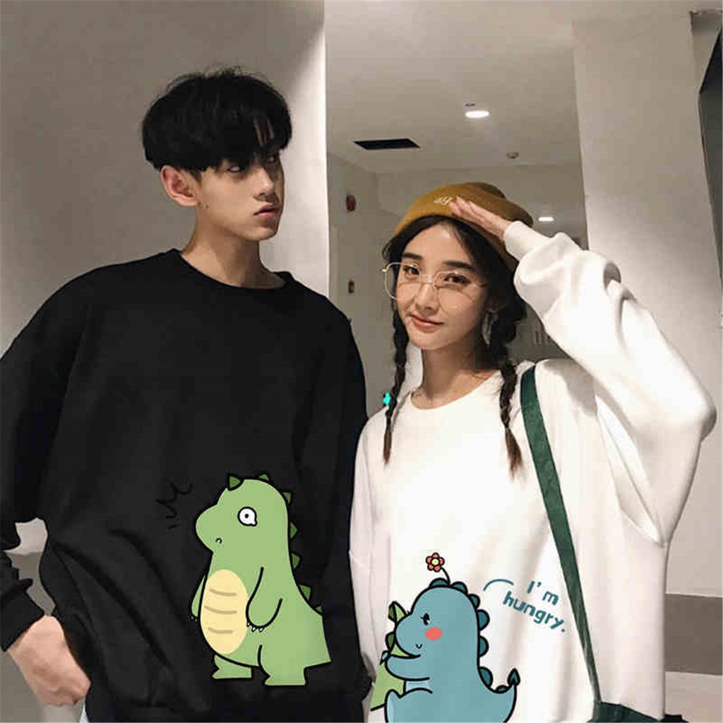 Promo Cod Sweater Pria Wanita Cetak Dinosaurus Kartun Lucu Kaus Musim Gugur Atasan Amina Jepang Punk Antik Longgar Berkerudung Kawaii Kerah O Hoodie Perempuan