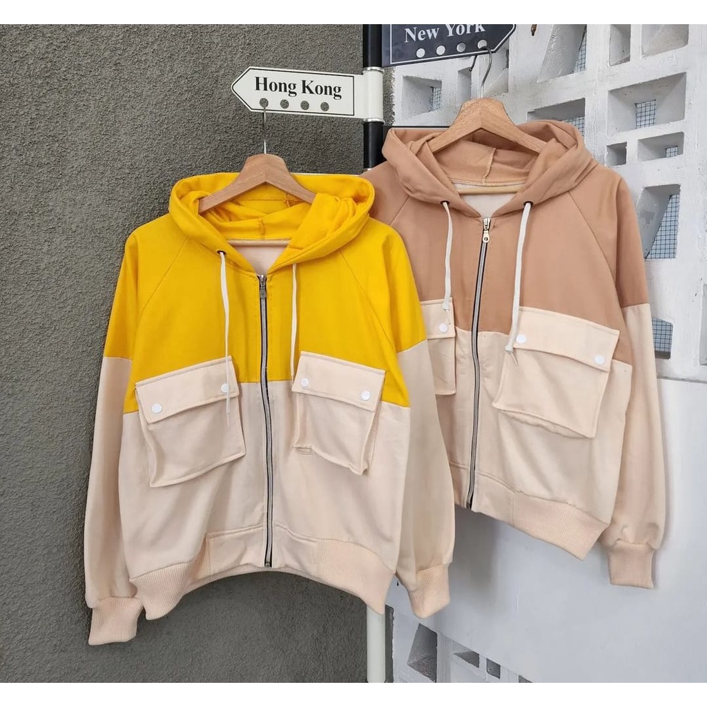 TWO TONE JACKET POCKET WANITA | SWEATER JAKET OVERSIZE COMBINE | Jaket Outfit Wanita Korean Style Wanita