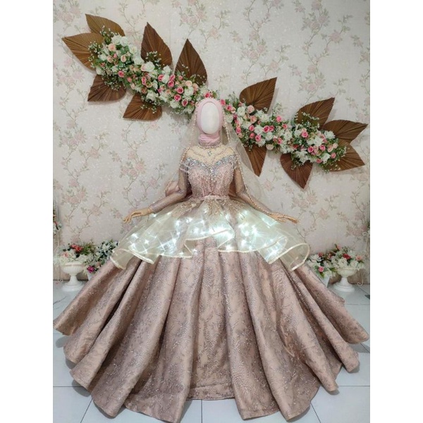 gaun pengantin lampu cinderela mewah ndahlia hijab