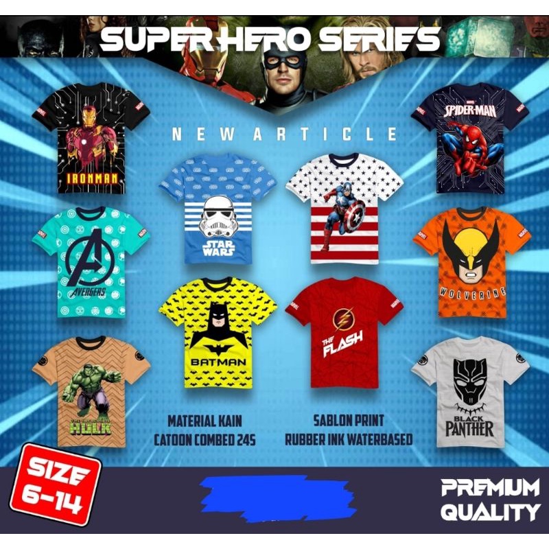 KAOS ANAK LAKI LAKI SIZE 6-14 TAHUN SUPERHERO SERIES by polkka kaos super hero kazoku