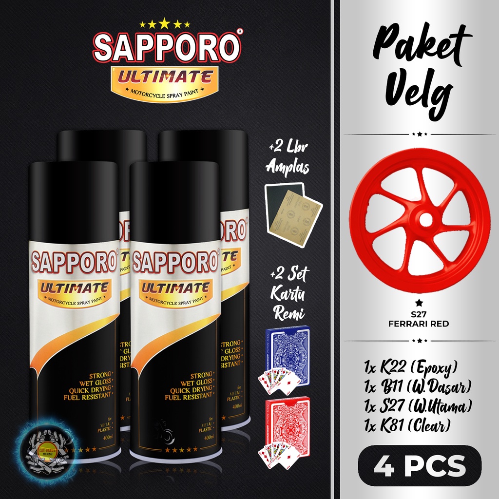 PAKET VELG S27 FERRARI RED SAPPORO ULTIMATE CAT SEMPROT 400 ML CAT MOTOR AEROSOL PYLOX MERAH FERARI 