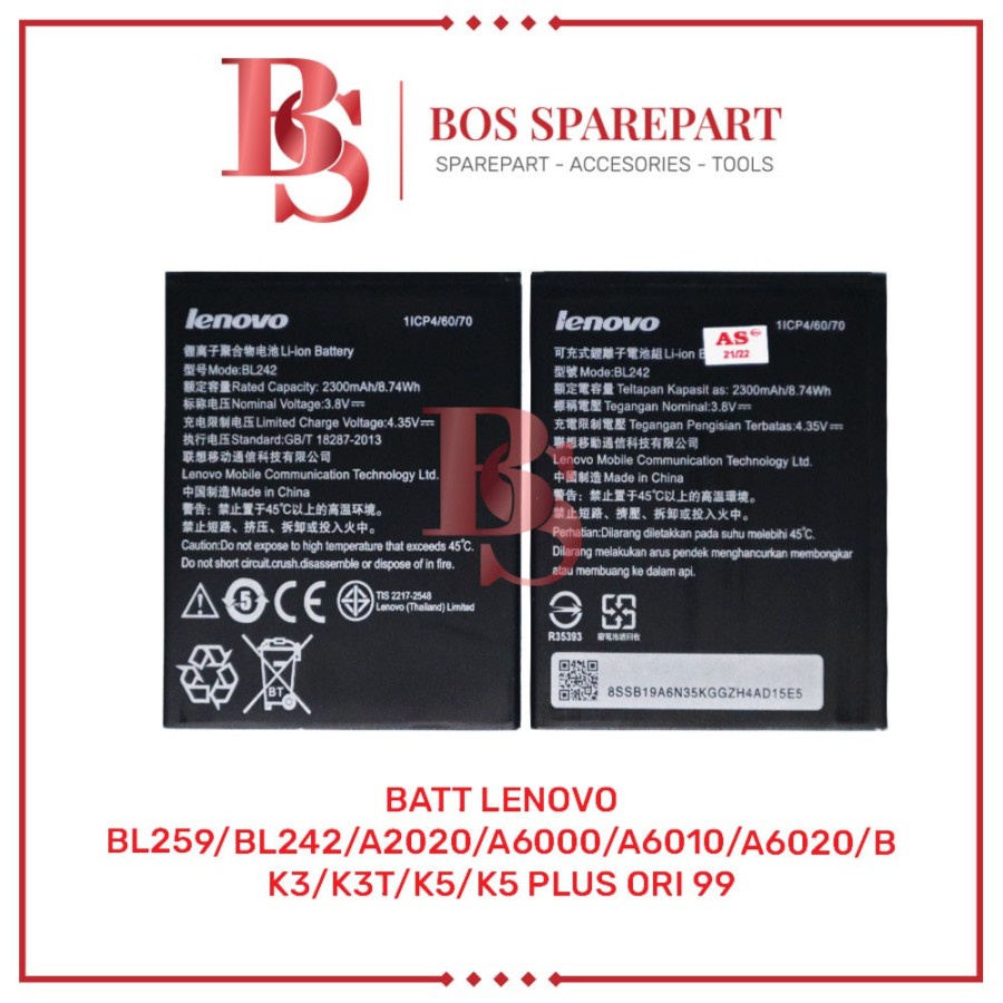 BATTERY LENOVO BL259/BL242/A2020/A6000/A6010/A6020/K5/K5 PLUS ORI /ORI 99