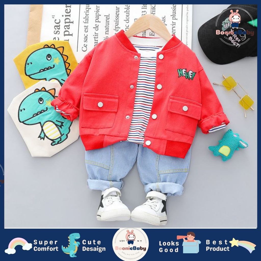 boonie SET HEY YOU DINO EBV Setelan 3in1 Kemeja Bayi anak Laki-laki import Lengan panjang Berkualitas