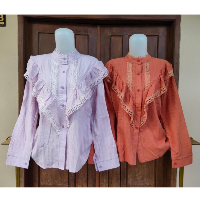 Baju Atasan Wanita Blouse Lengan Panjang Kekinian Fashion Muslim Korean Style Terbaru Ruffle Renda