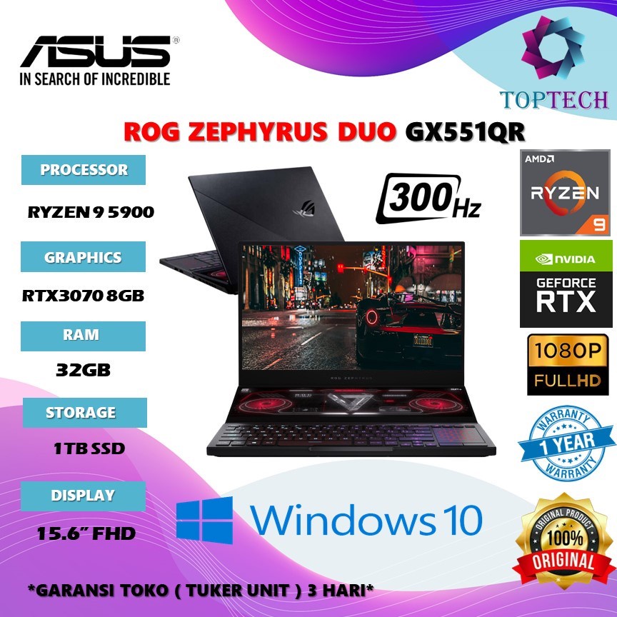 Laptop Gaming Asus Rog Zephyrus Duo GX551QR  RYZEN 9 5900 RTX3070 8GB RAM 32GB 1TBSSD W10PRO 15.6FHD 300HZ