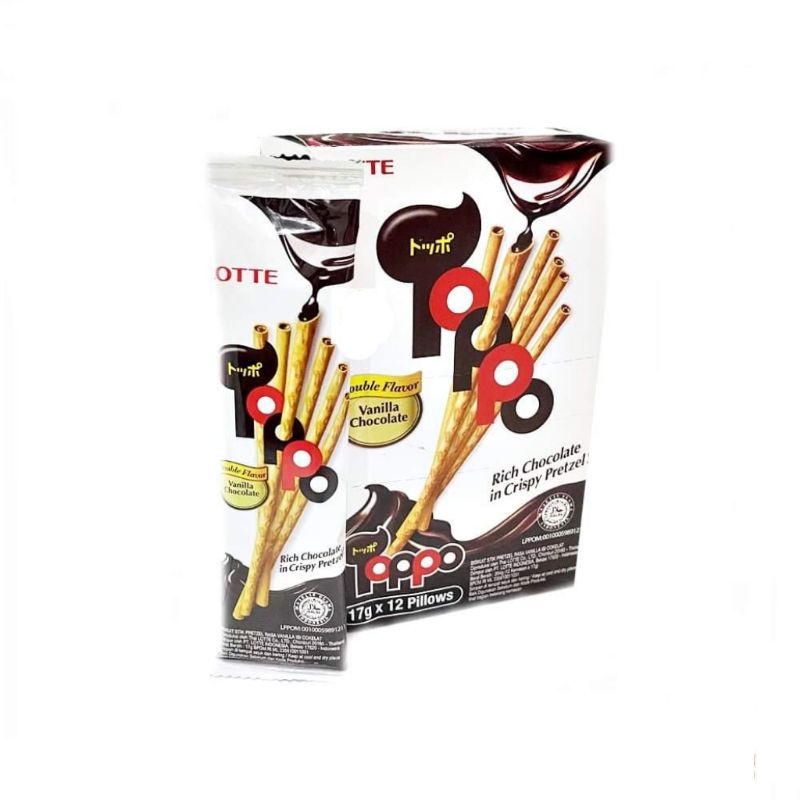 

lotte toppo biskuit stik pretz rasa vanilla cokelat 1 box isi 12pcs - lotte toppo chocolate in crispy pretzel - camilan murah enak