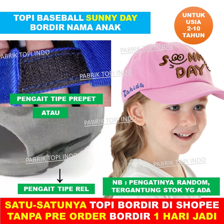 Topi Baseball Anak Bordir Sunny Day Laki Perempuan Imut Lucu Bordir Nama Anak Usia 2-10 Tahun