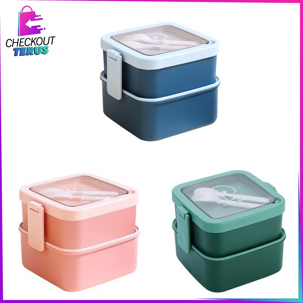 CT C695 Tempat Makan 2 Susun Stackable BPA FREE Kotak Bento Tingkat Dengan Sendok Garpu Set Portable Lunch Box Set