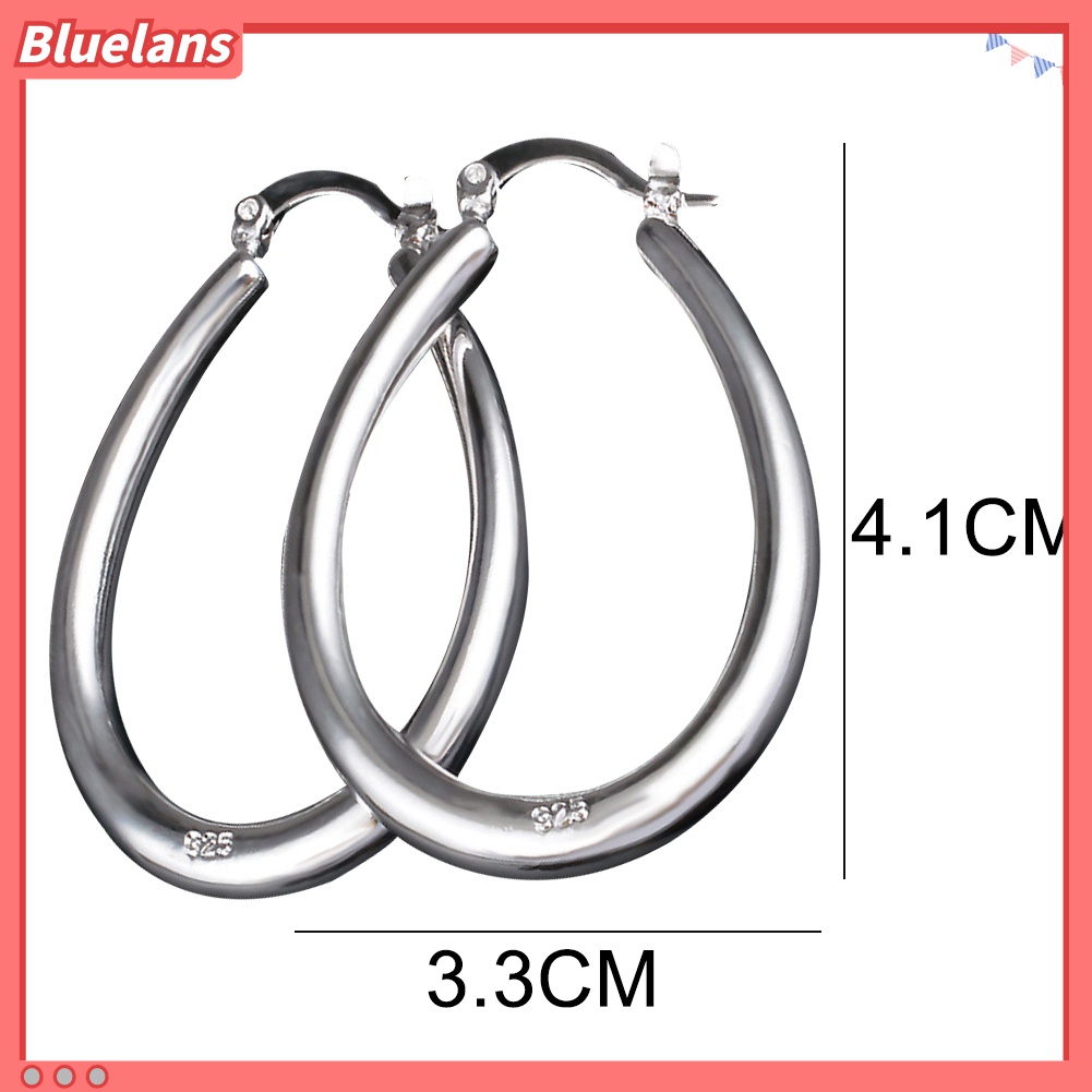 Bluelans Anting Hoop Bentuk Oval Besar Model Hollow Lapis Silver Untuk Wanita