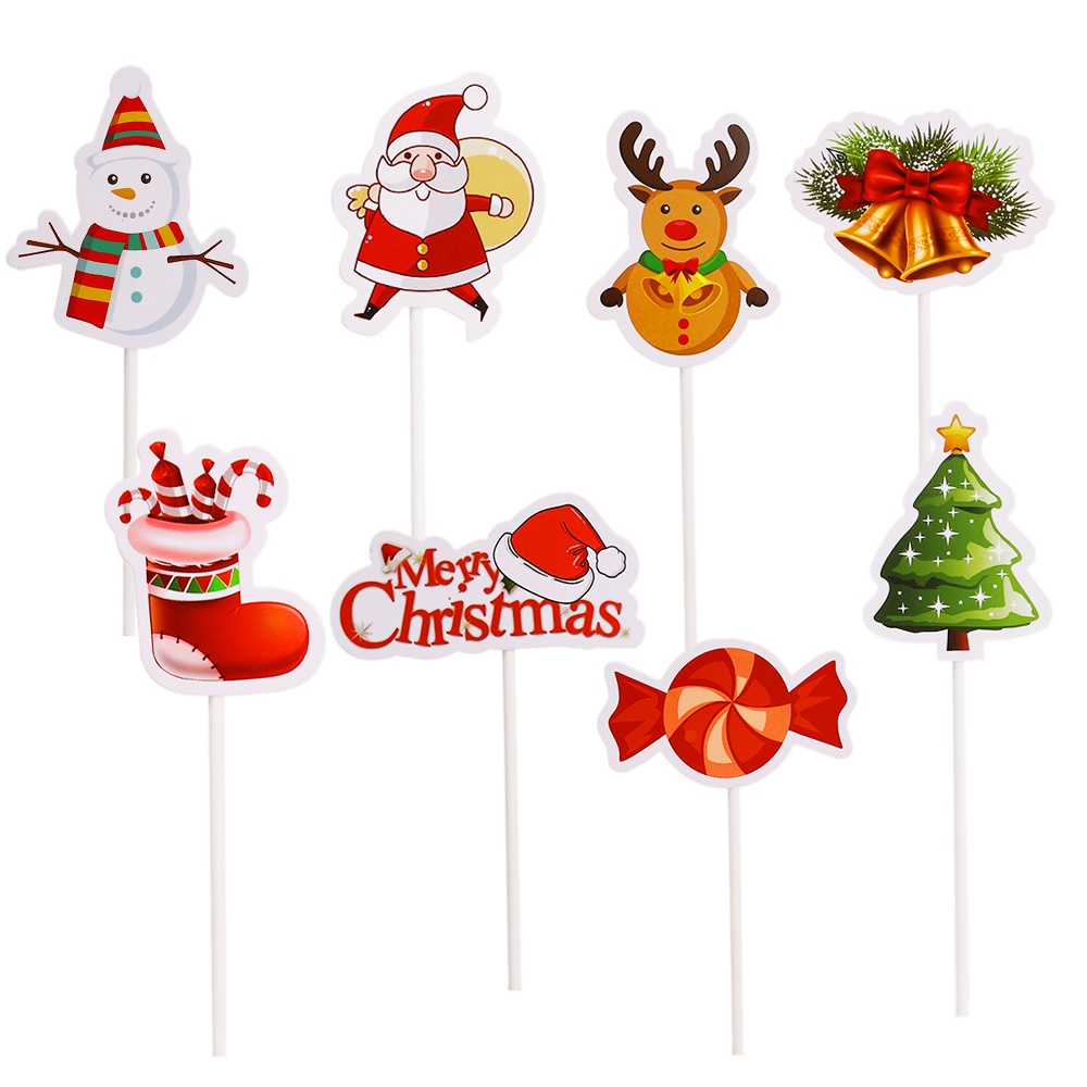 24pcs / Pak Topper Cupcake Desain Topi Santa Claus / Rusa / Kaos Kaki / Snowman / Pohon Natal / Permen Dapat Dilepas