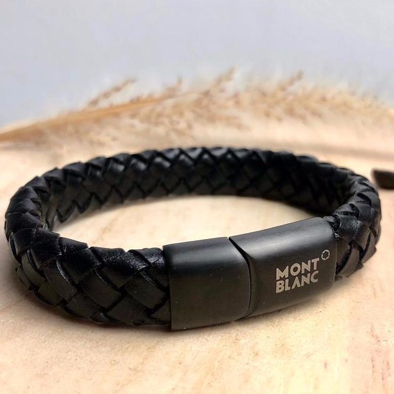 GELANG TANGAN PRIA COWOK MONTBLANC MAGNETIC LOCK TITANIUM ANTI KARAT KULIT ASLI HITAM [IDI.22Oc22q]