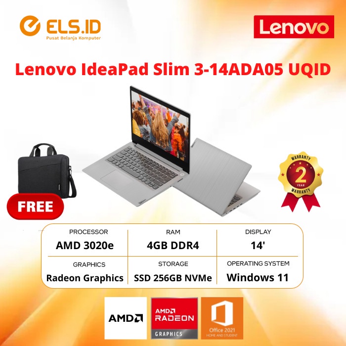 Laptop Lenovo IdeaPad Slim 3-14ADA05 UQID AMD-3020e 4GB SSD 256GB 14' W11+OHS