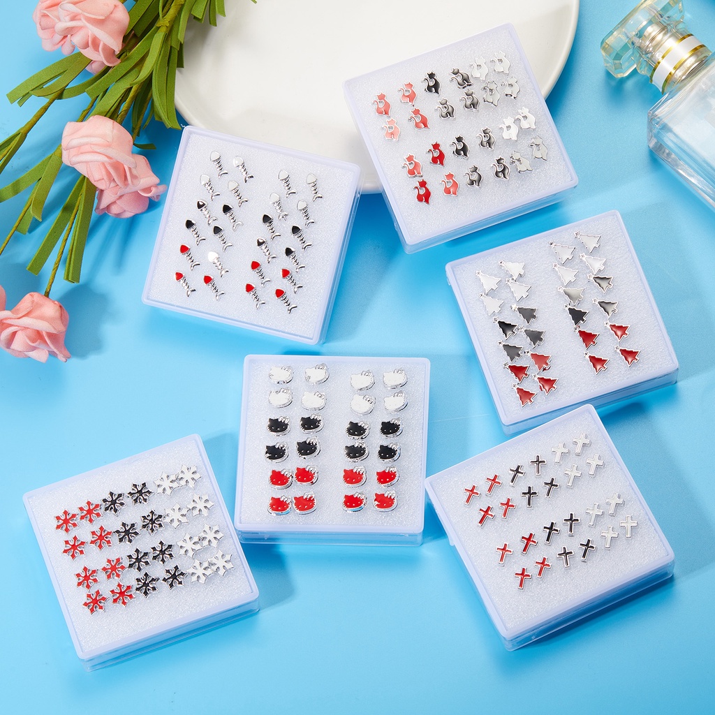 12 Pasang Anting Tusuk Motif Salib / Kucing / Pohon Natal anti Radang Untuk Wanita