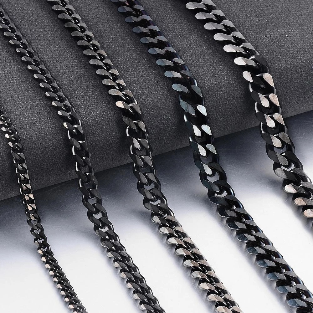 Kalung Rantai Kuba Bahan Stainless Steel Warna Hitam Lebar 4mm 5mm 7mm 8mm Untuk Pria